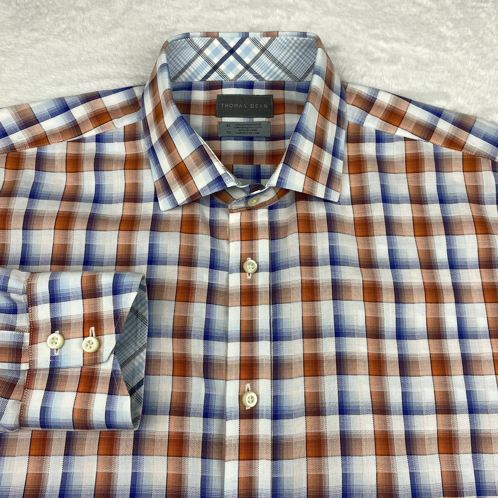 Thomas Dean Dress Shirt Mens XL Blue/Orange/White Checks Flip Cuffs 100% Cotton